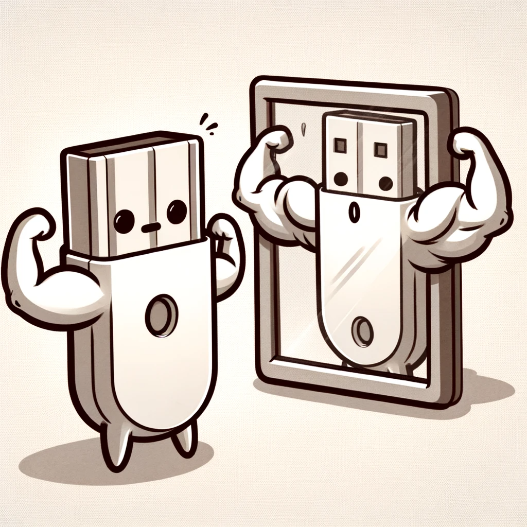  cartoon of a flash drive with skinny arms and legs looking in a mirror, with its reflection showing buff arms