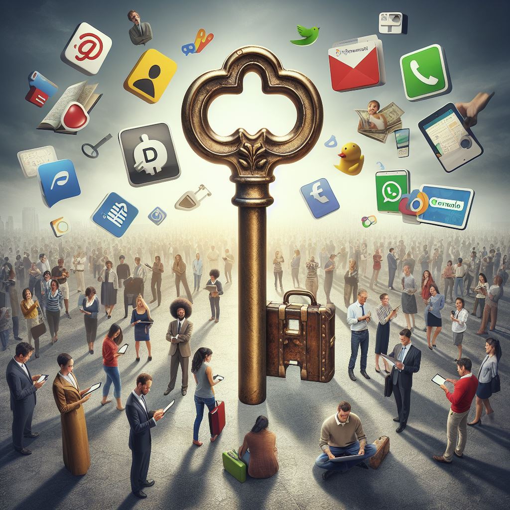 a vintage key standing on its end, surrounded by a diverse group of people using technology tools, with icons of various tech platforms floating in the air