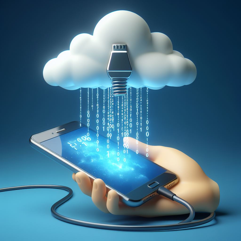a phone connected to a cloud with data moving between the cloud and the phone